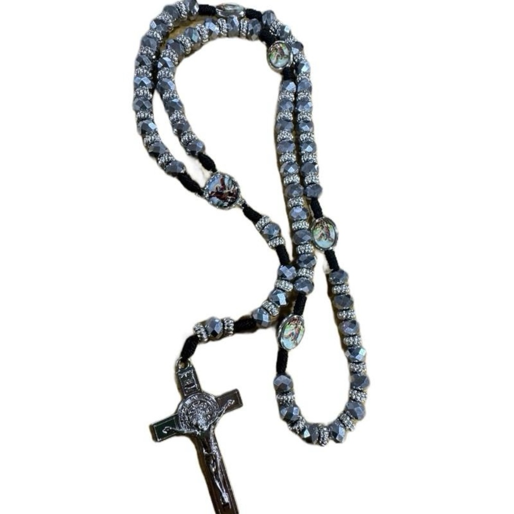 Archangel michael Black and Silver Rosary Beaded Necklace